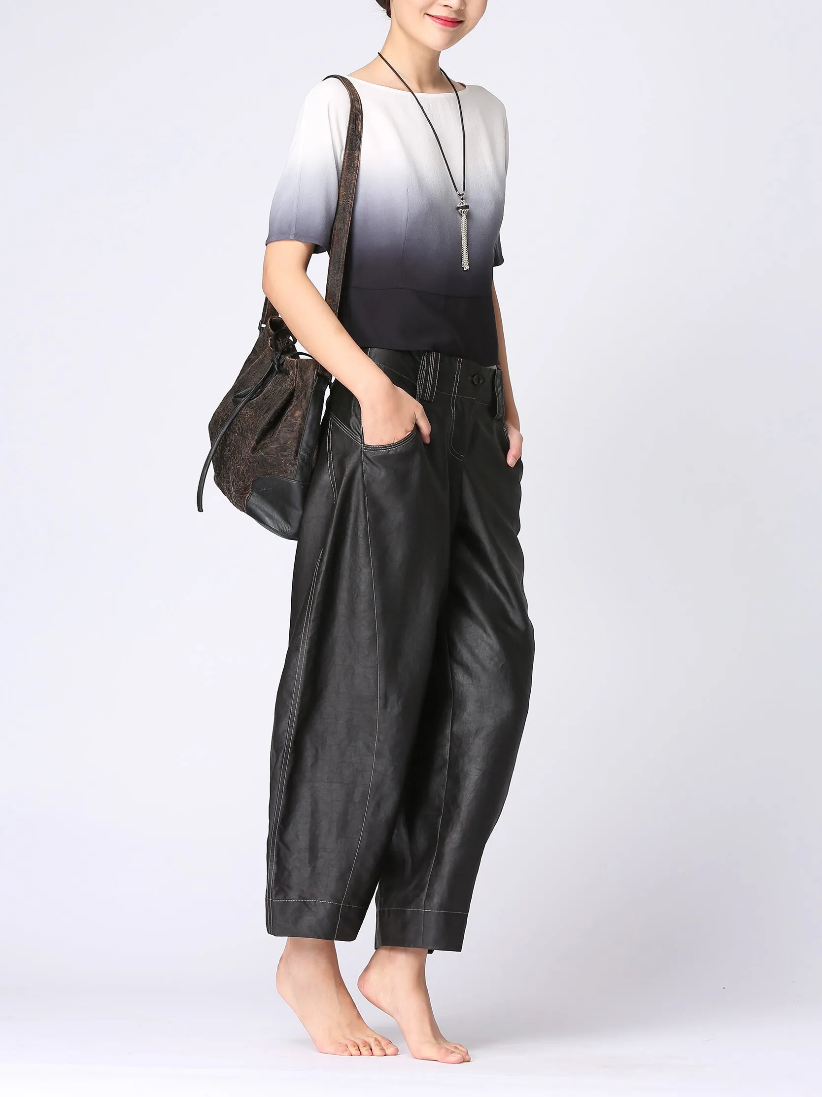 Gambiered Guangdong  Habotai Silk  Harem Pants