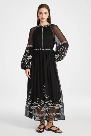 Isabel Silk Embroidered Dress in Black