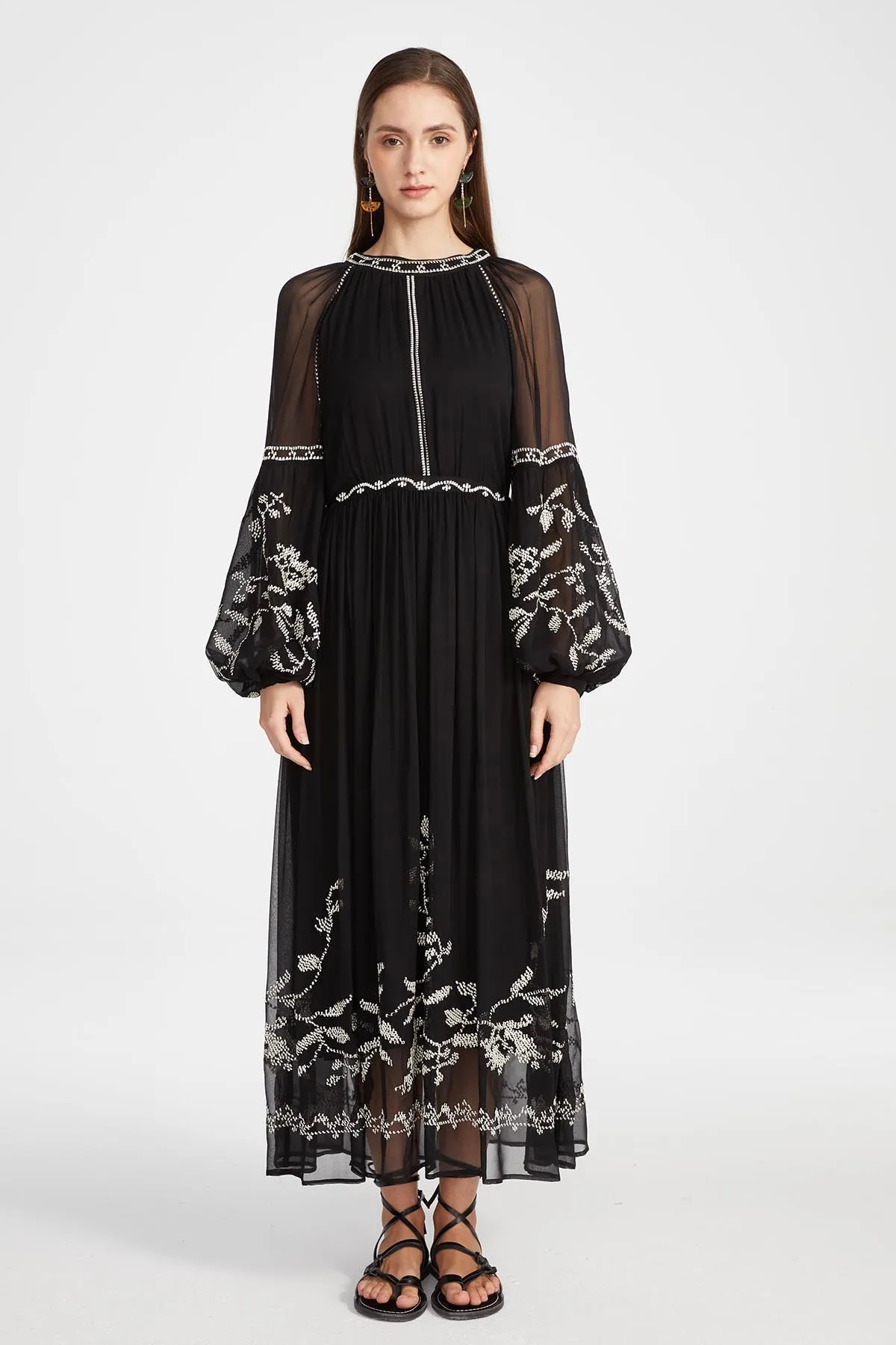 Isabel Silk Embroidered Dress in Black