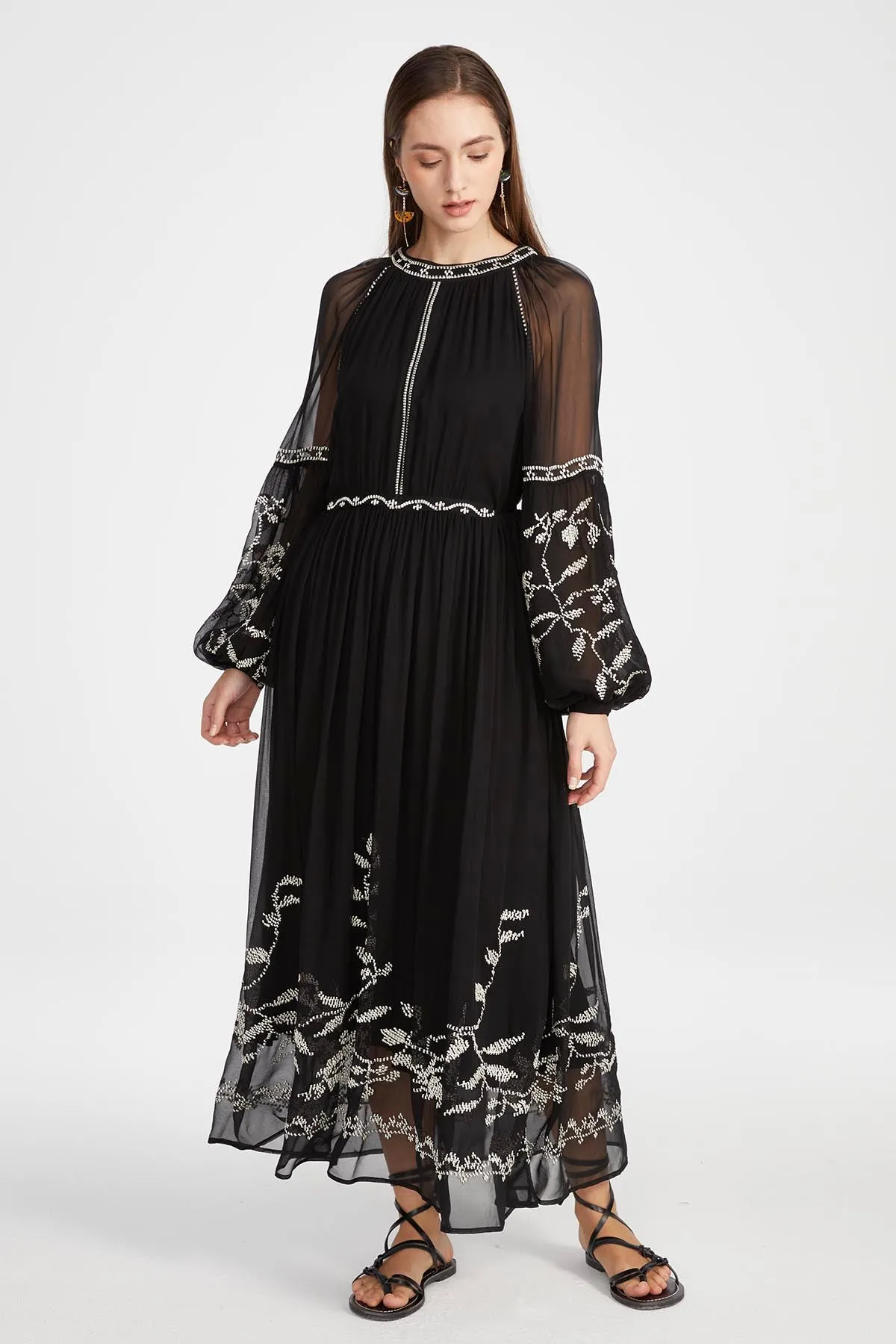 Isabel Silk Embroidered Dress in Black