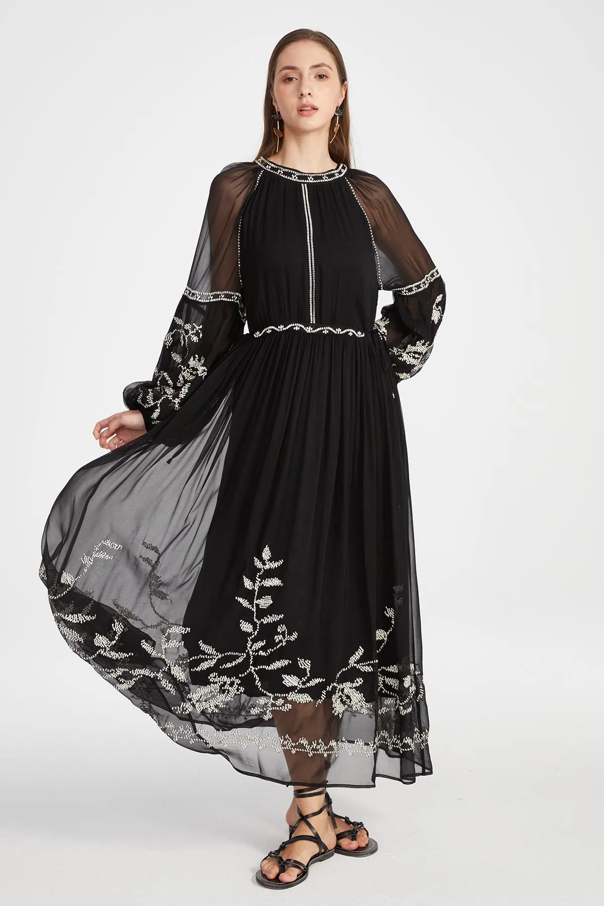 Isabel Silk Embroidered Dress in Black