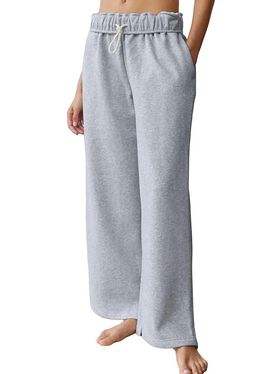 Waisted Long Solid Color Split Flare Leg Elastic Drawstring Wide Leg Trousers Low Pants