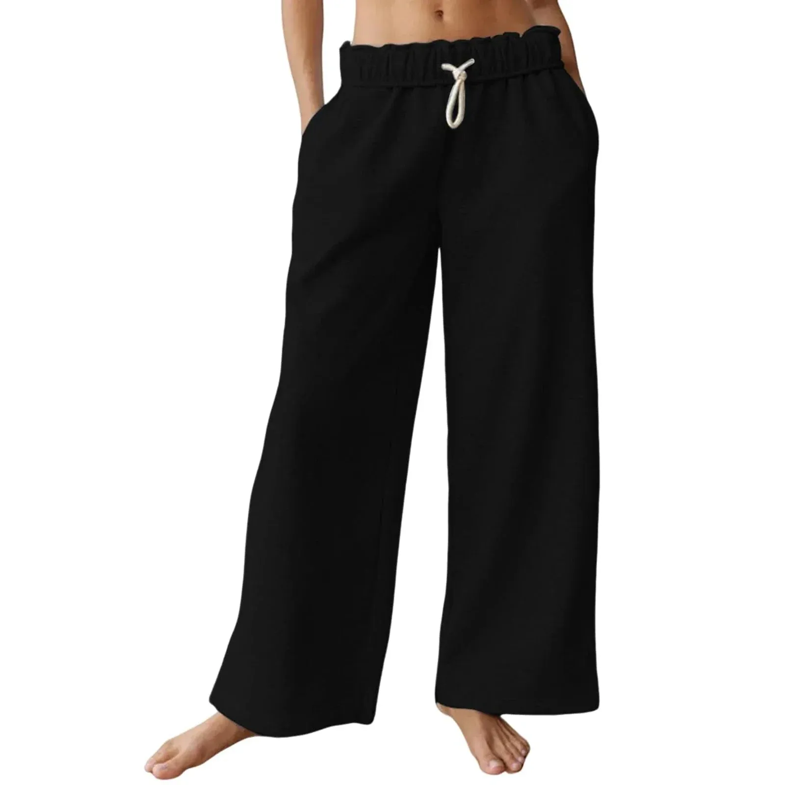 Waisted Long Solid Color Split Flare Leg Elastic Drawstring Wide Leg Trousers Low Pants
