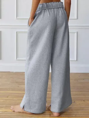 Waisted Long Solid Color Split Flare Leg Elastic Drawstring Wide Leg Trousers Low Pants