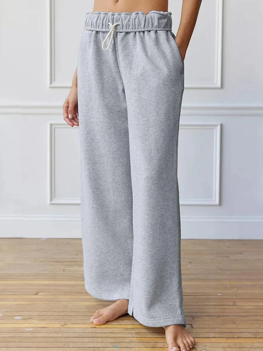 Waisted Long Solid Color Split Flare Leg Elastic Drawstring Wide Leg Trousers Low Pants