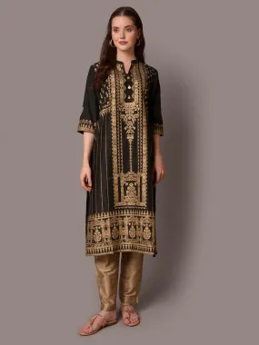 Women Black Mandarin Collar Kurta